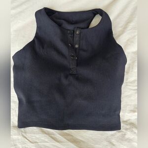 Black Ribbed Henley Crop Top